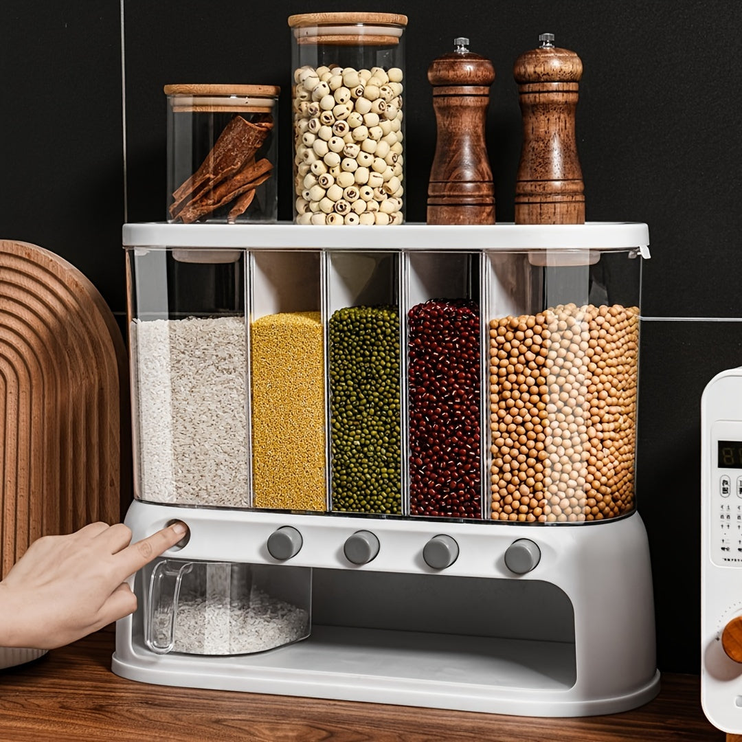 Airtight Multi-Compartment Grain Storage Container - Five Compartments for Rice, Pasta, Spices