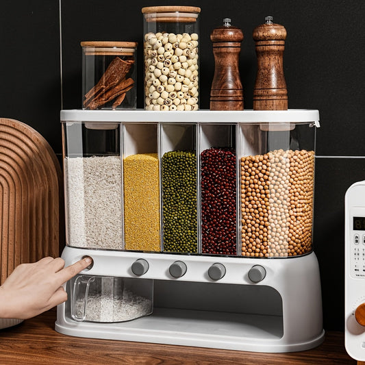 Airtight Multi-Compartment Grain Storage Container - Five Compartments for Rice, Pasta, Spices