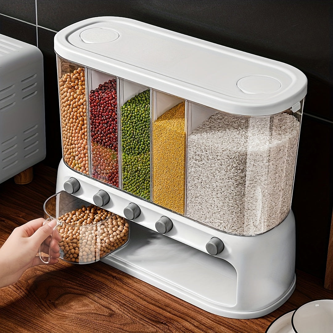 Airtight Multi-Compartment Grain Storage Container - Five Compartments for Rice, Pasta, Spices