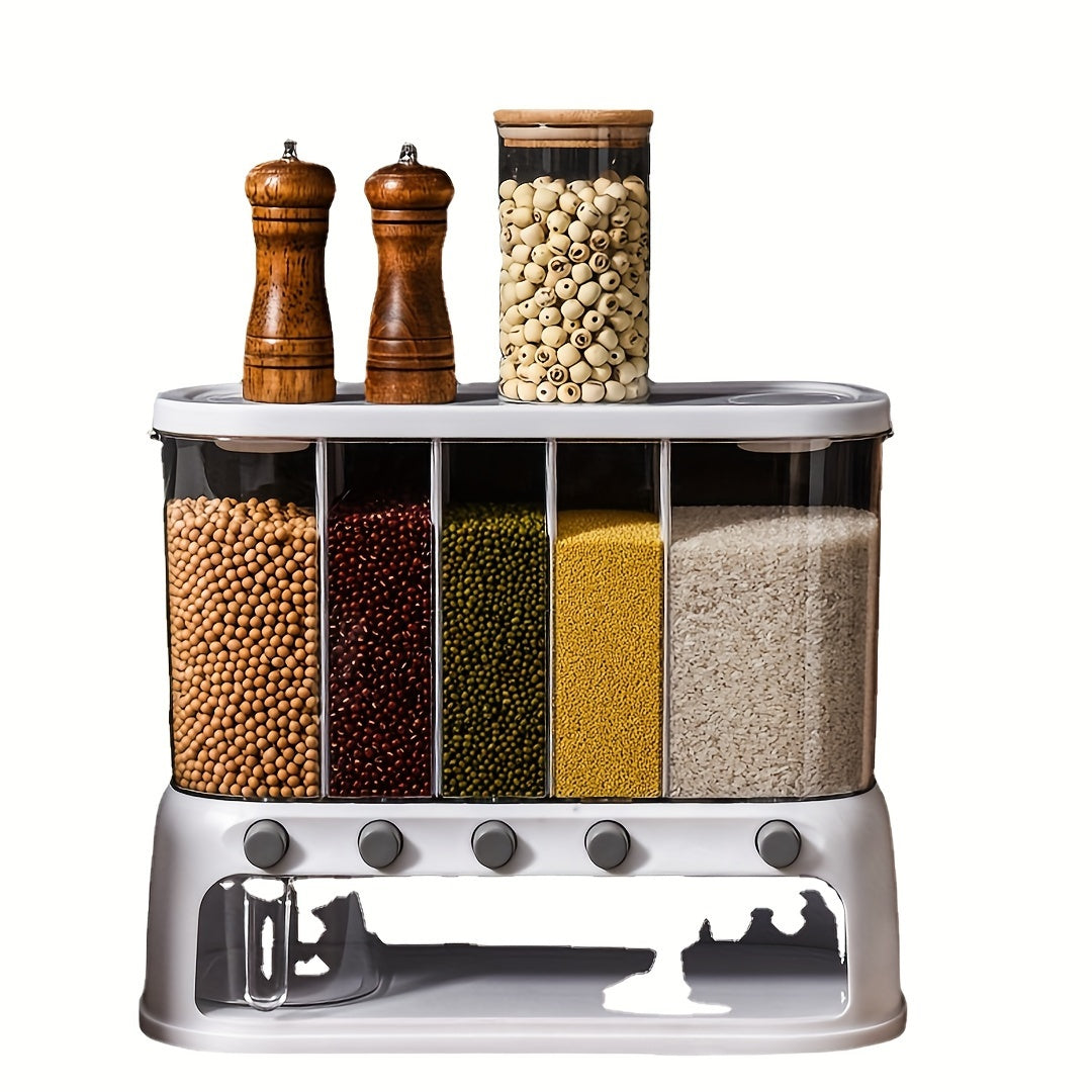 Airtight Multi-Compartment Grain Storage Container - Five Compartments for Rice, Pasta, Spices