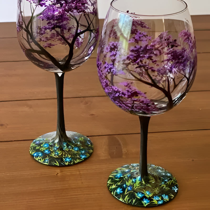 Artisan Hand-Painted Four Seasons Tree Wine Glasses - 12 oz, Unique Gift for Wine Lovers