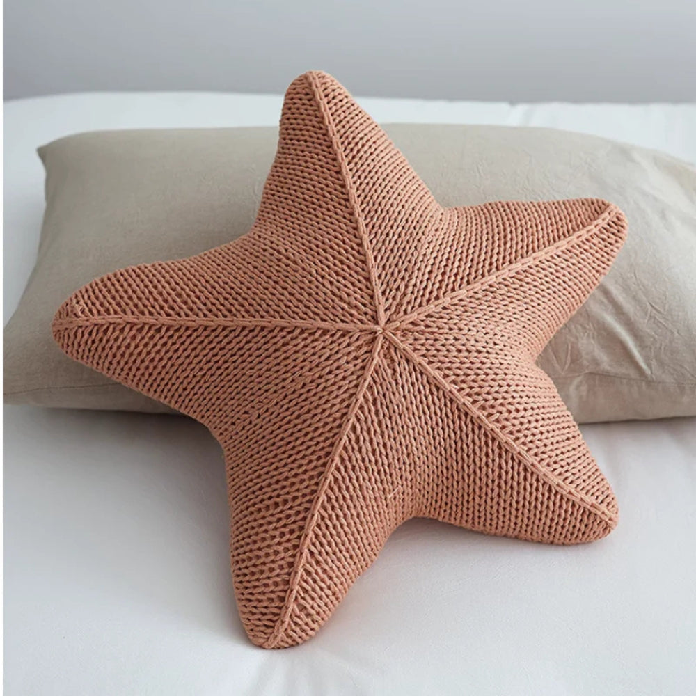 Artisanal Hand Knitted Starfish Cushion for Coastal Decor