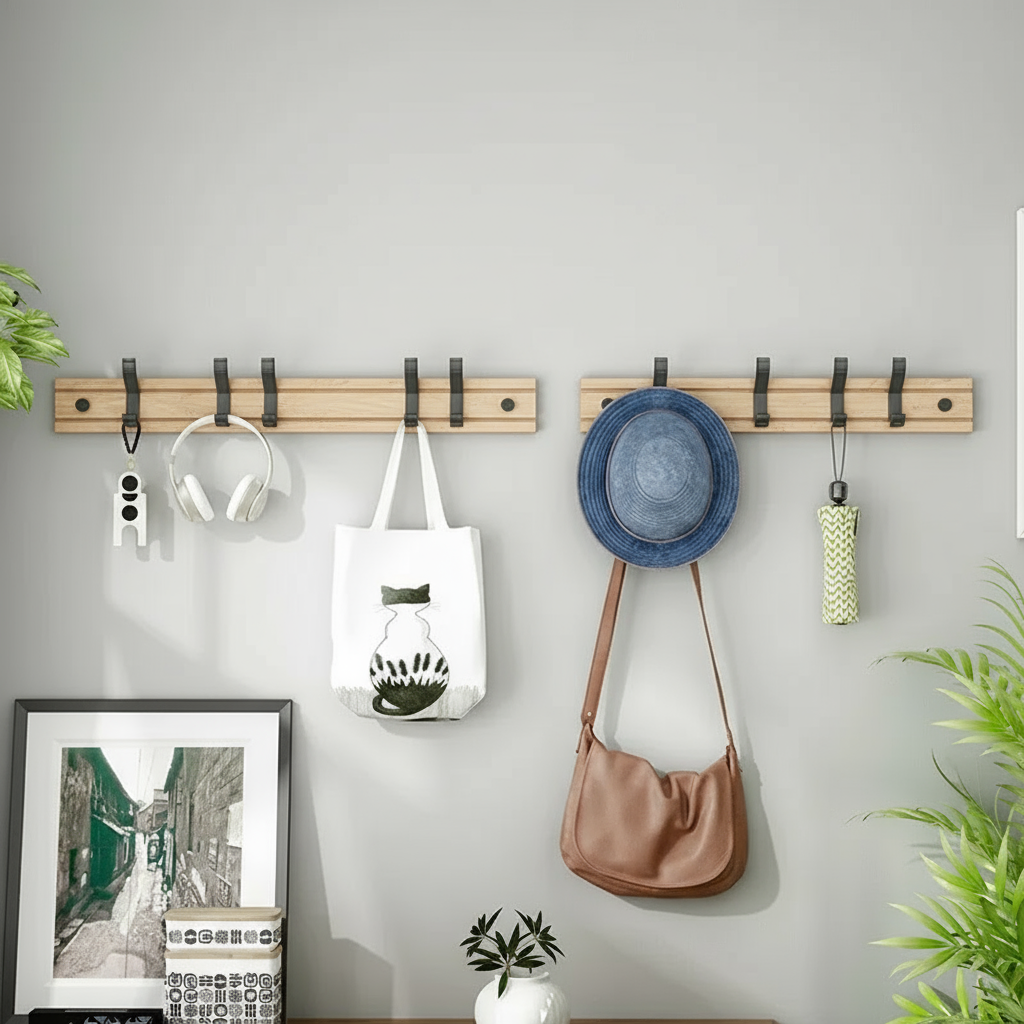 Bamboo Wall Mounted Coat Rack with Aluminum Hooks - Scandinavian Style