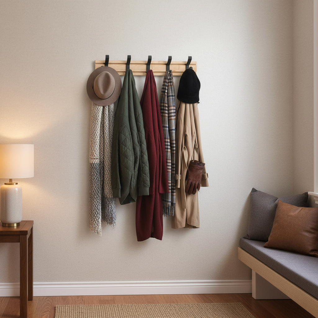 Bamboo Wall Mounted Coat Rack with Aluminum Hooks - Scandinavian Style