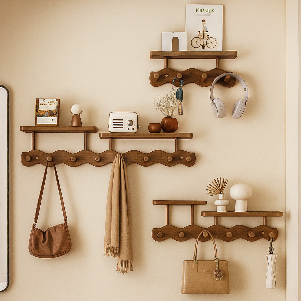 Bamboo Wall Rack - Minimalist Shelf with Versatile Hooks