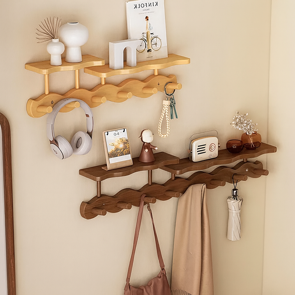 Bamboo Wall Rack - Minimalist Shelf with Versatile Hooks