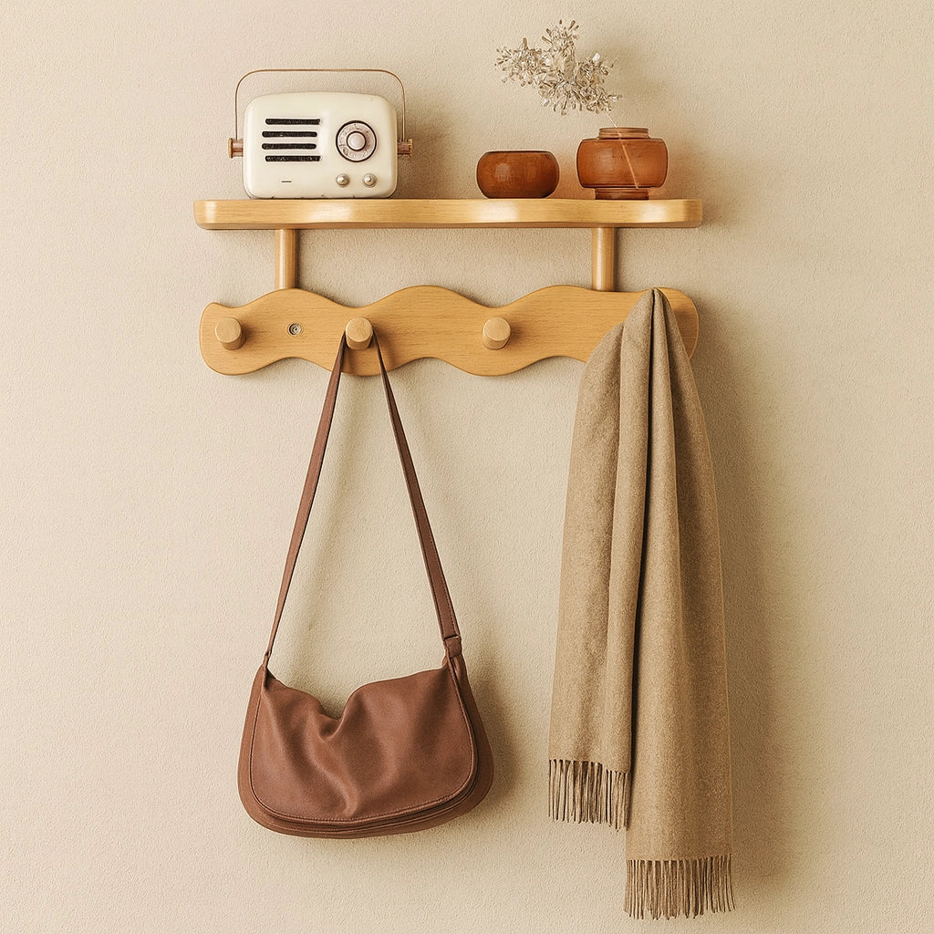 Bamboo Wall Rack - Minimalist Shelf with Versatile Hooks