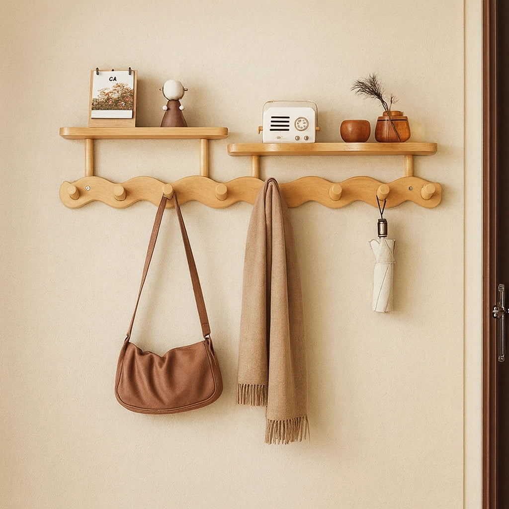 Bamboo Wall Rack - Minimalist Shelf with Versatile Hooks