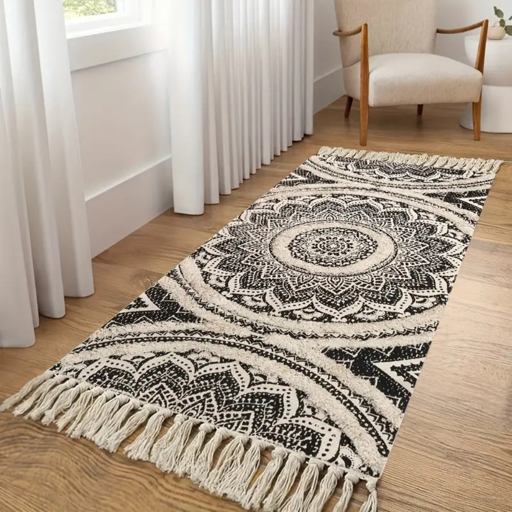 Bohemian Black Cream Runner Mat - Stylish & Functional Floor Protector
