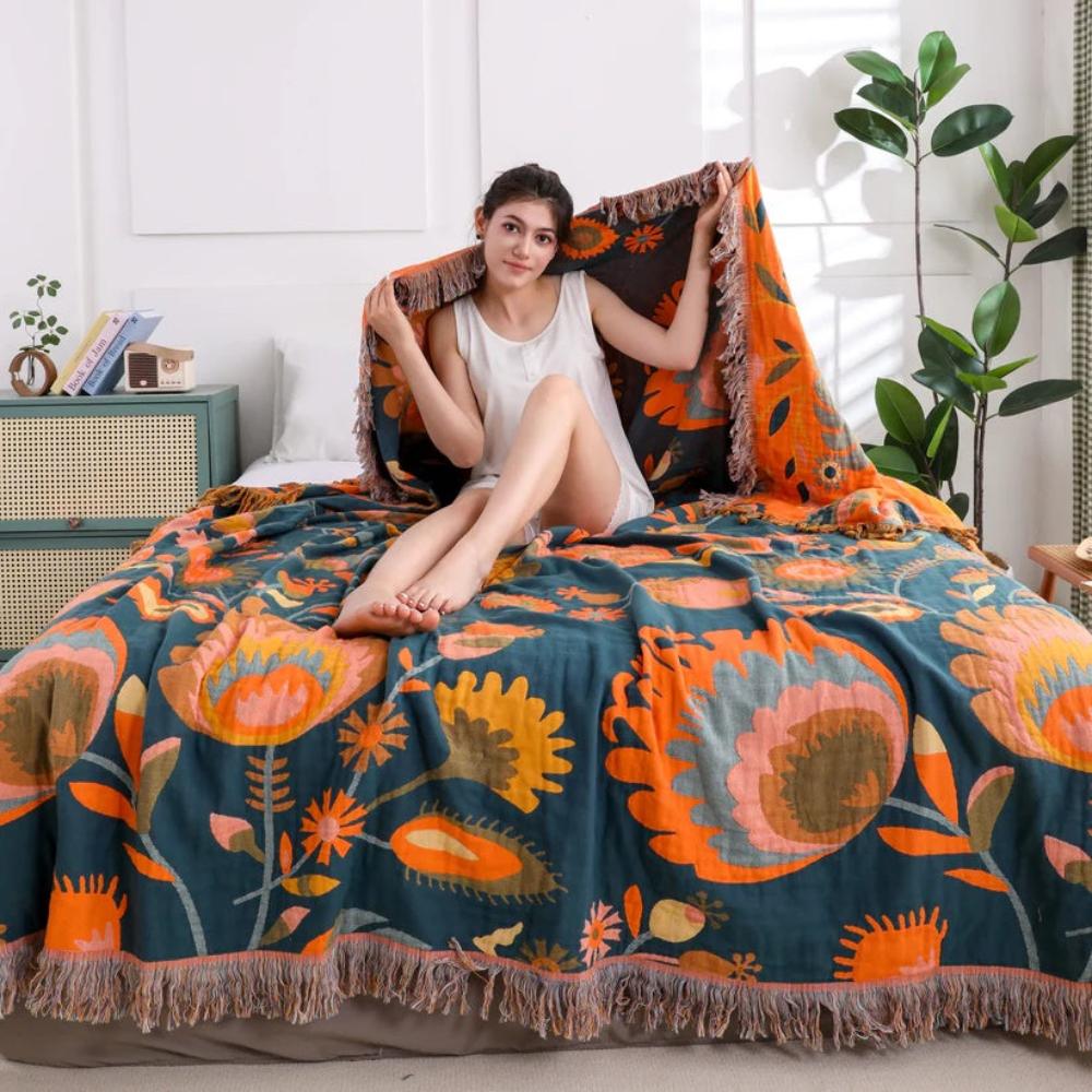 Bohemian Wildflower Bloom Cotton Blanket - Elegant Floral Design
