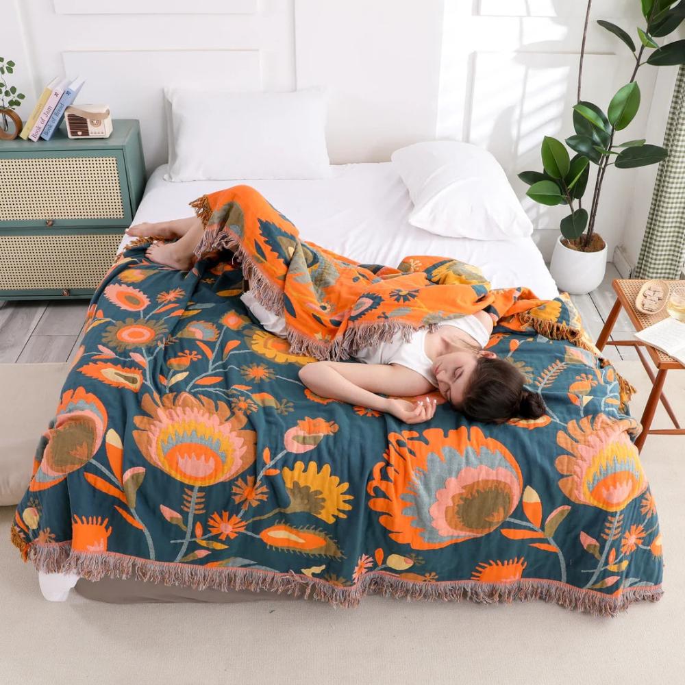 Bohemian Wildflower Bloom Cotton Blanket - Elegant Floral Design