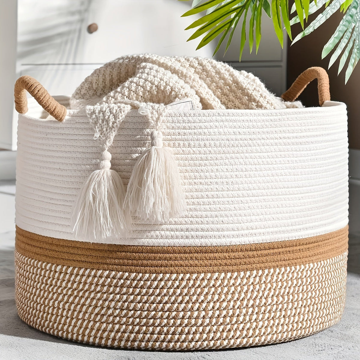 Boho Cotton Storage Basket - Durable & Versatile Home Organizer
