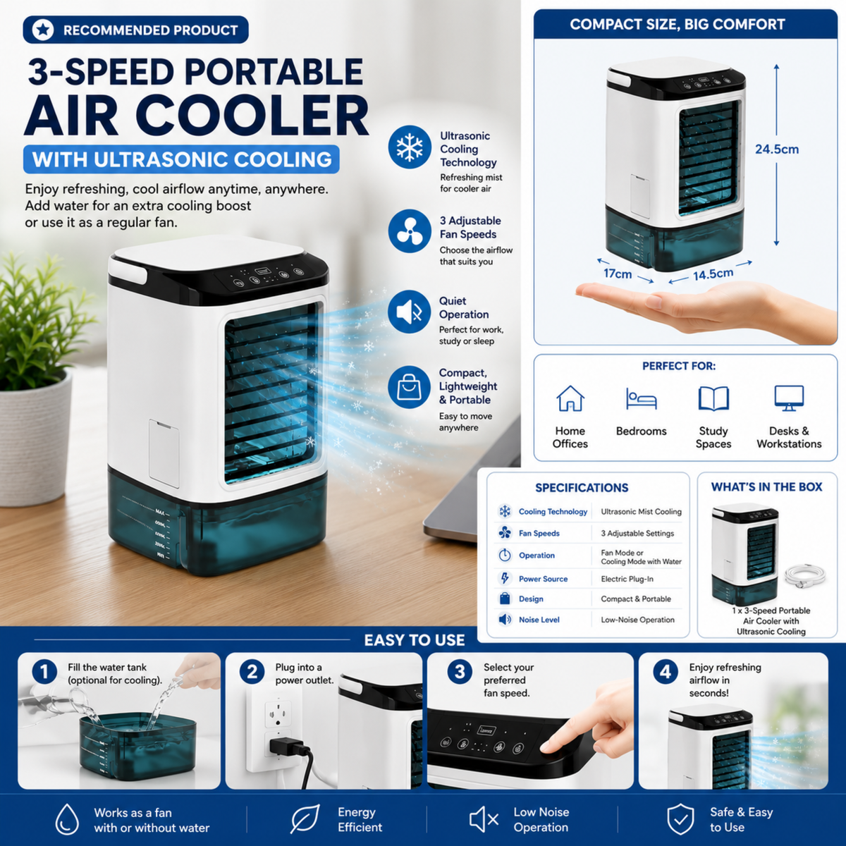3-Speed Portable Air Conditioner with Ultrasonic Cooling