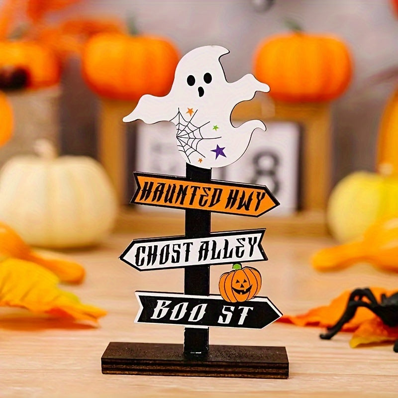 Charming Halloween Signpost - Wooden Ghost & Pumpkin Decoration