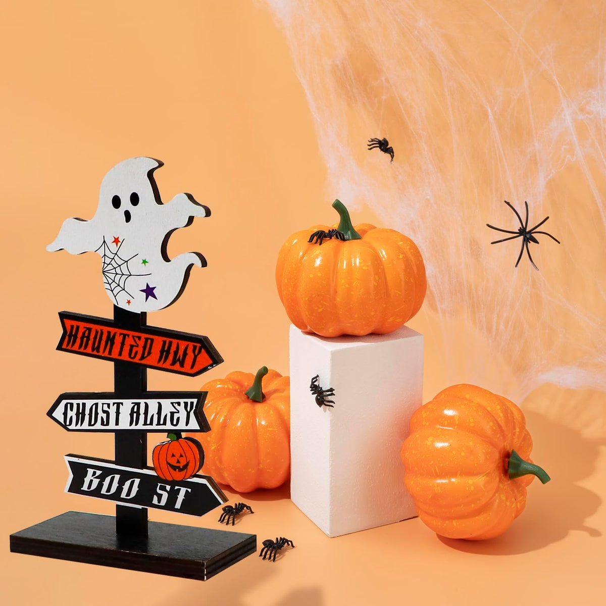 Charming Halloween Signpost - Wooden Ghost & Pumpkin Decoration