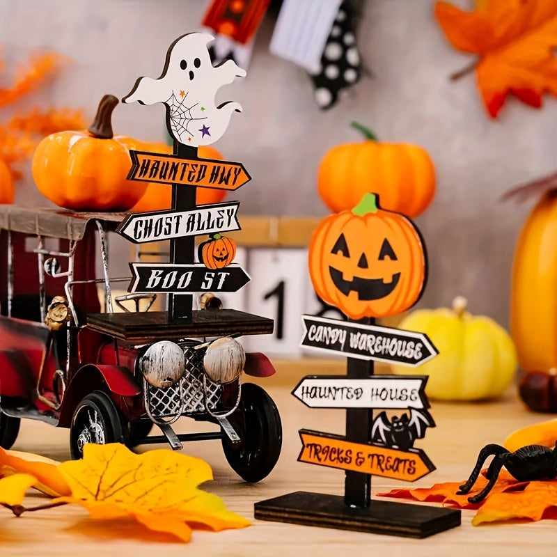 Charming Halloween Signpost - Wooden Ghost & Pumpkin Decoration