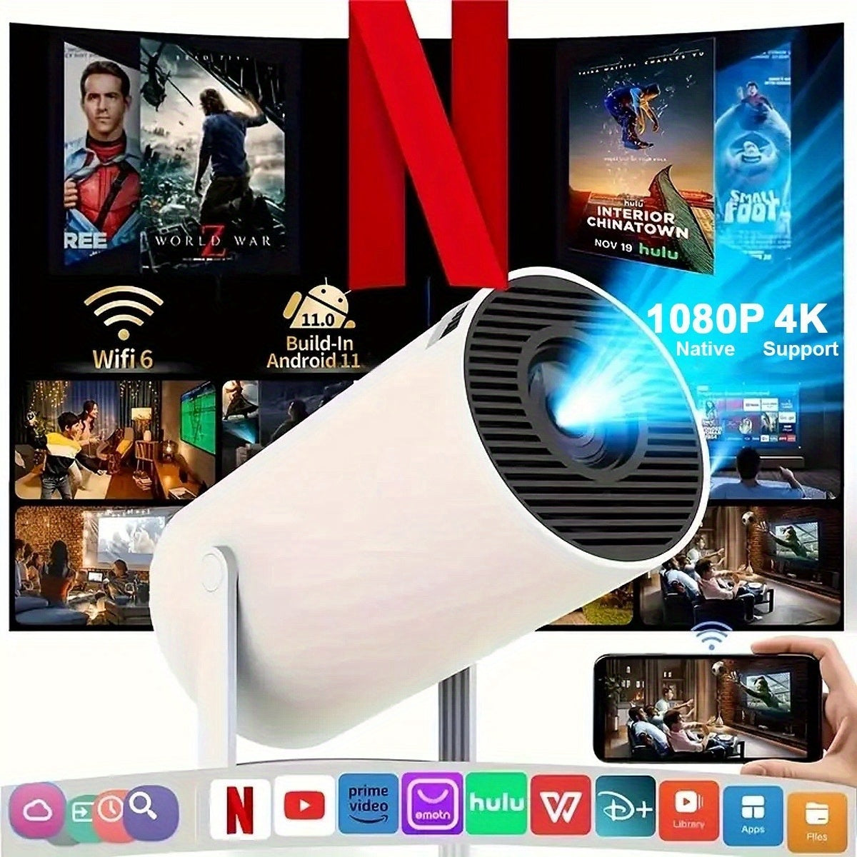 CinéLux Mini Projector - Full HD 1080p, WiFi & Bluetooth