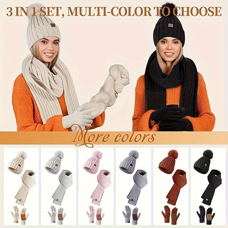 Cozy 3-Piece Winter Knit Set with Touchscreen Gloves