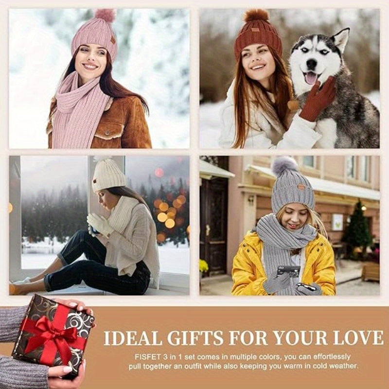 Cozy 3-Piece Winter Knit Set with Touchscreen Gloves