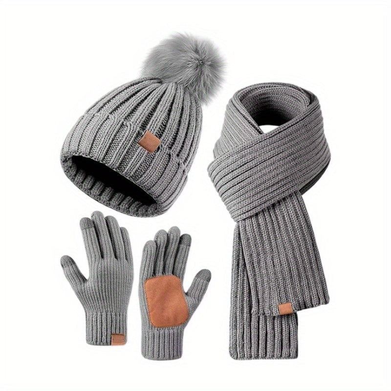 Cozy 3-Piece Winter Knit Set with Touchscreen Gloves