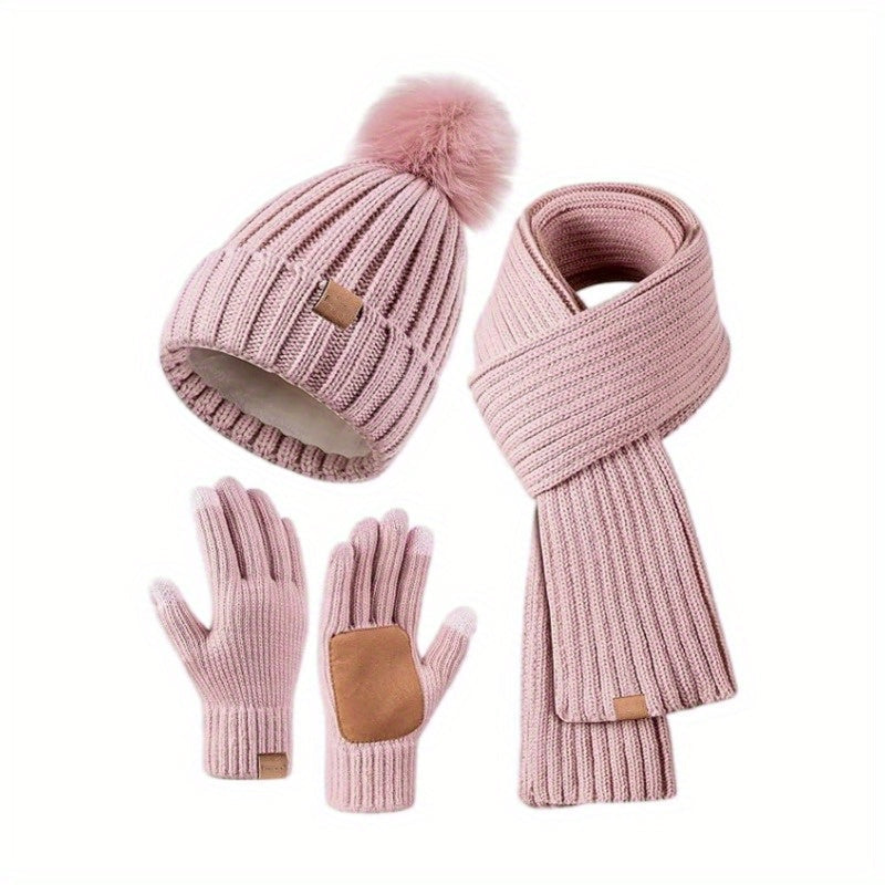 Cozy 3-Piece Winter Knit Set with Touchscreen Gloves