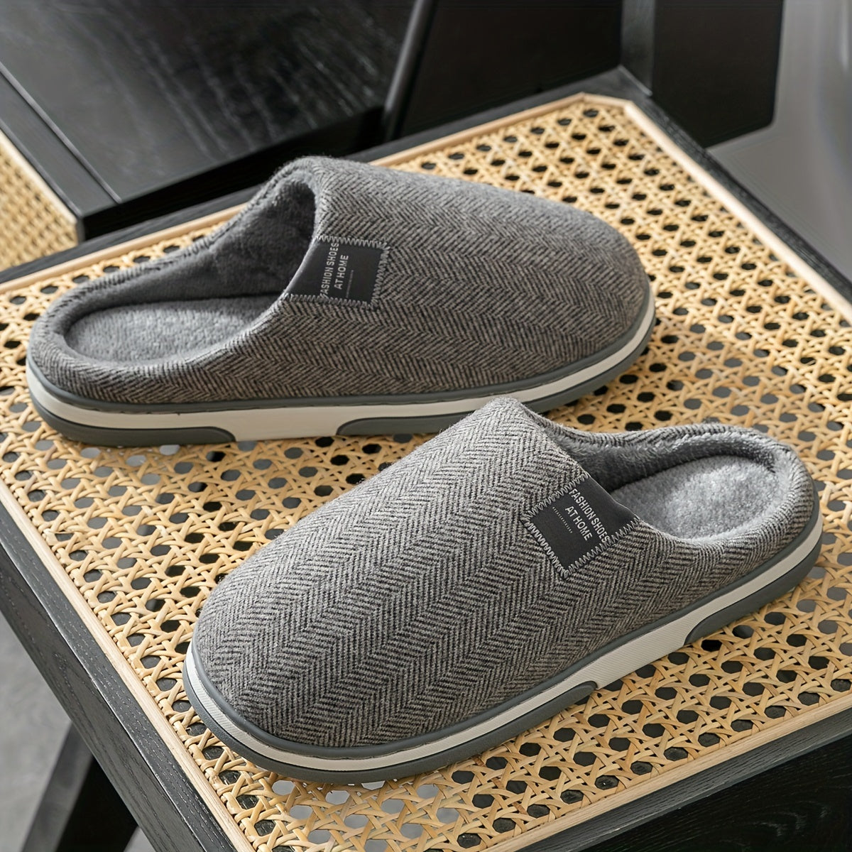 Cozy Men's Herringbone Slippers with Non-Slip Sole