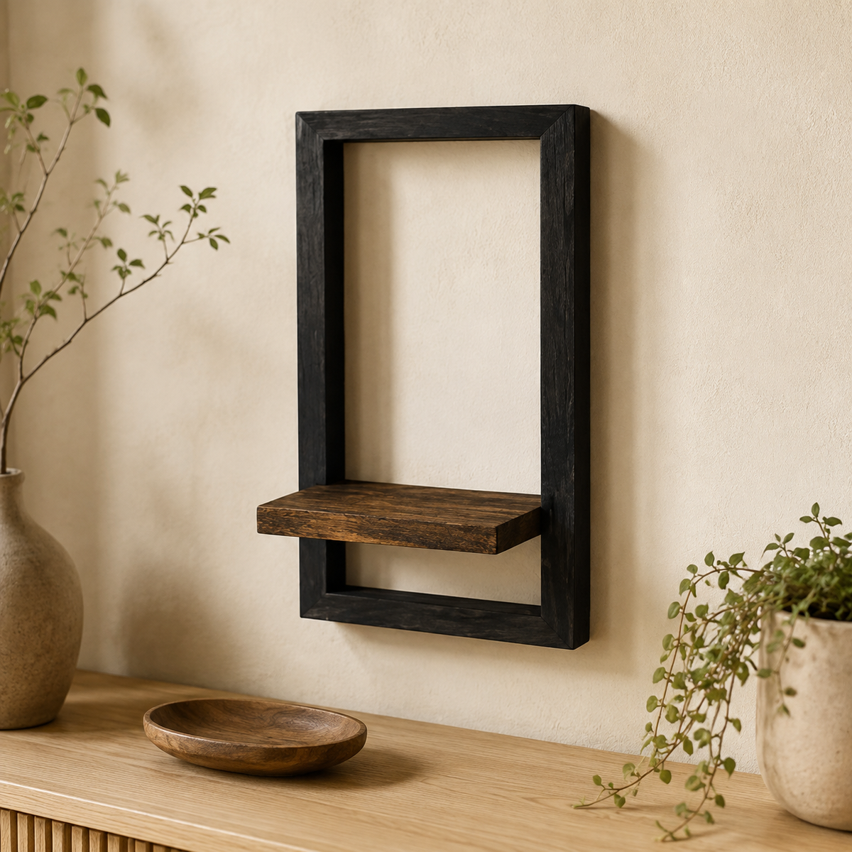 Elegant Acacia Wood Wall Shelf with Vintage Steel Frame