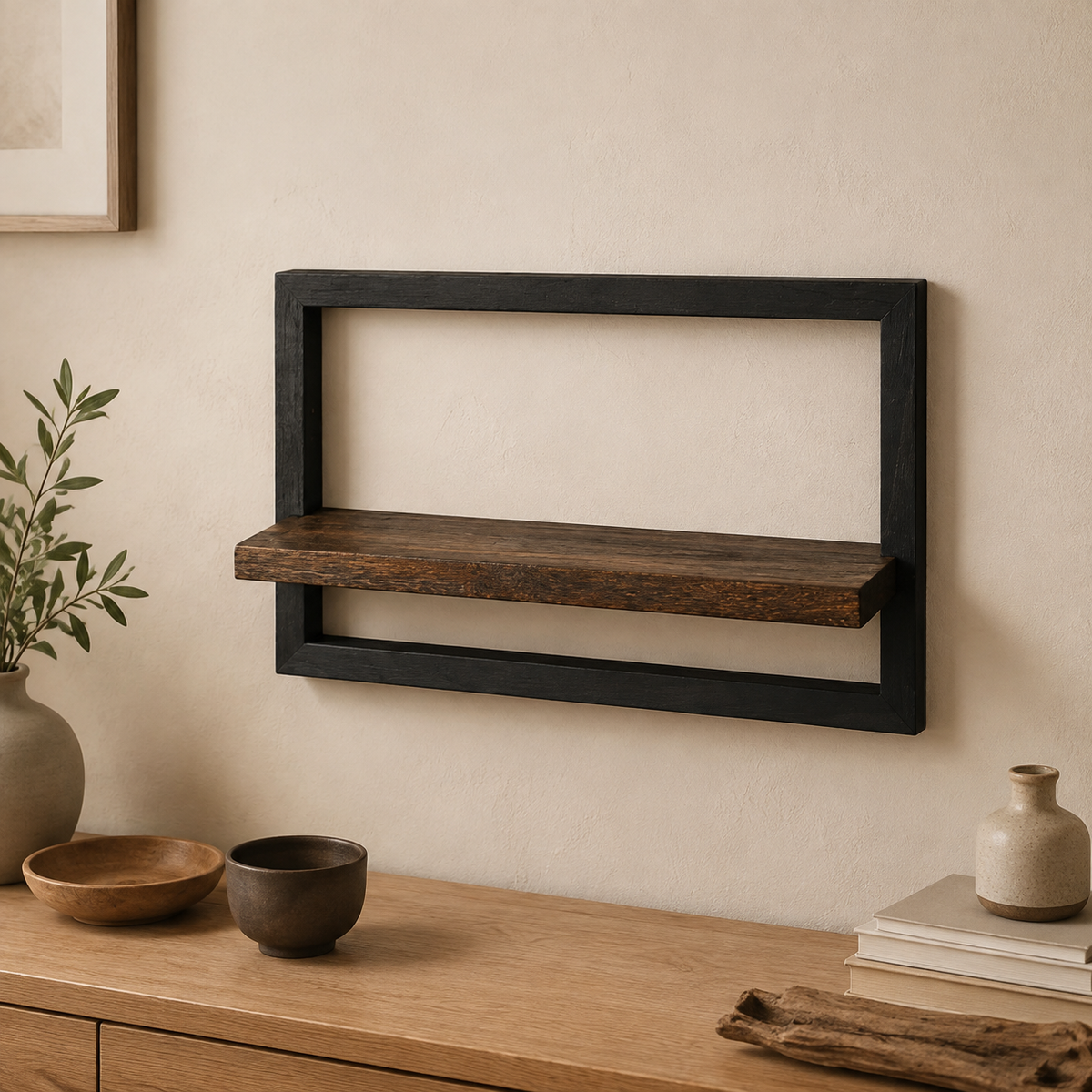 Elegant Acacia Wood Wall Shelf with Vintage Steel Frame