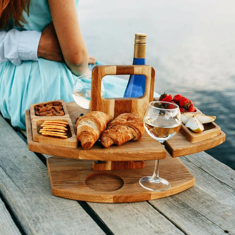 Elegant Oak Picnic Table - Compact Wine Holder for Outdoors