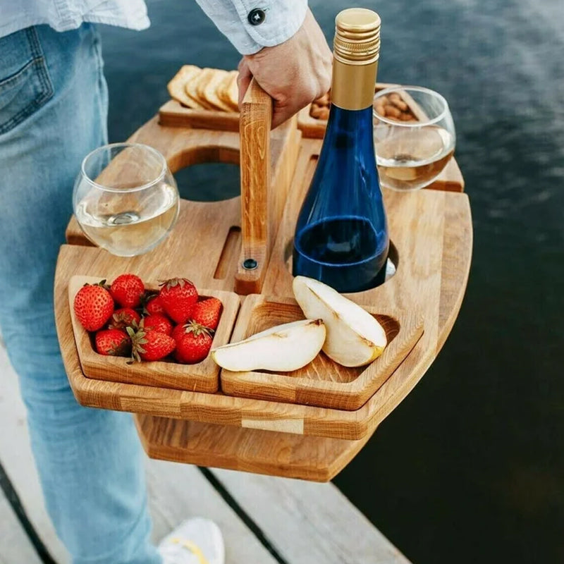 Elegant Oak Picnic Table - Compact Wine Holder for Outdoors