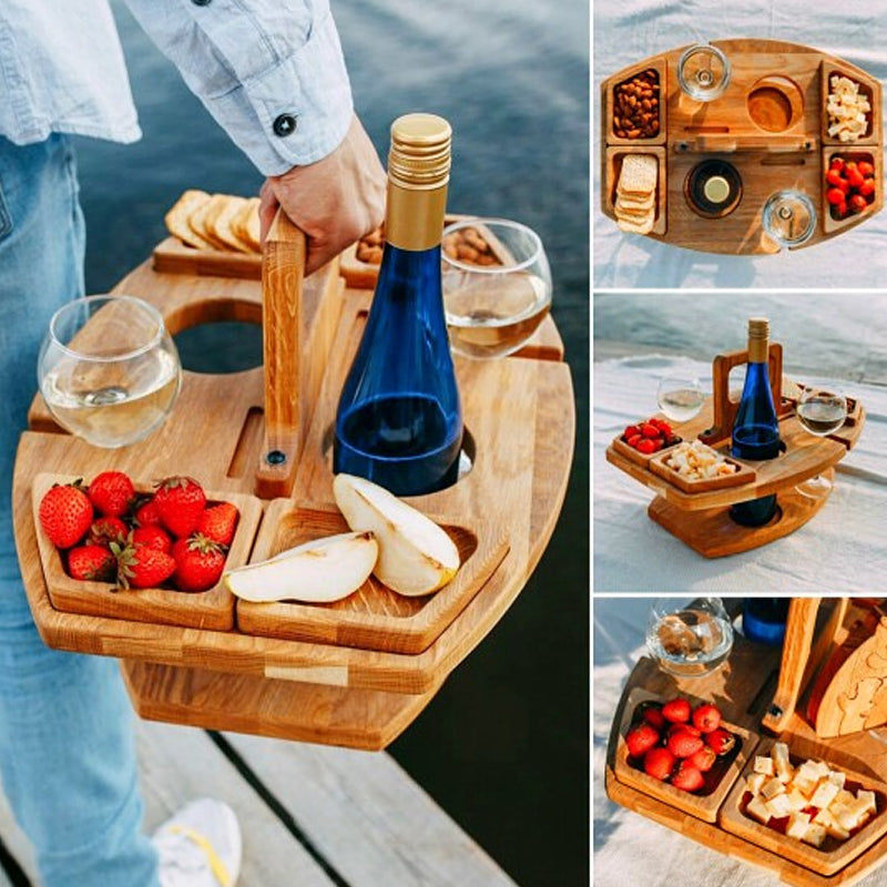 Elegant Oak Picnic Table - Compact Wine Holder for Outdoors
