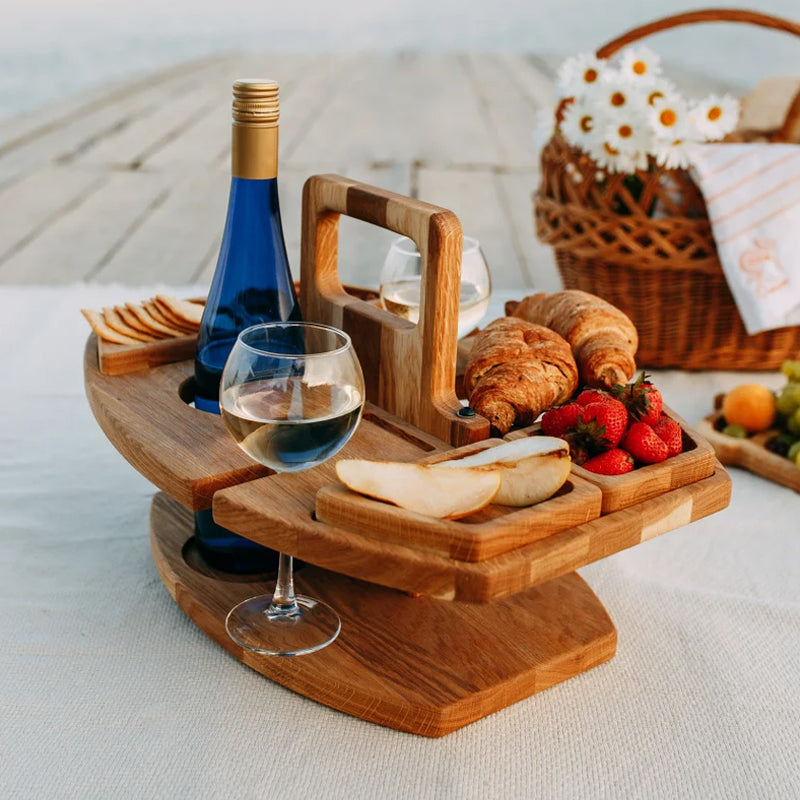 Elegant Oak Picnic Table - Compact Wine Holder for Outdoors