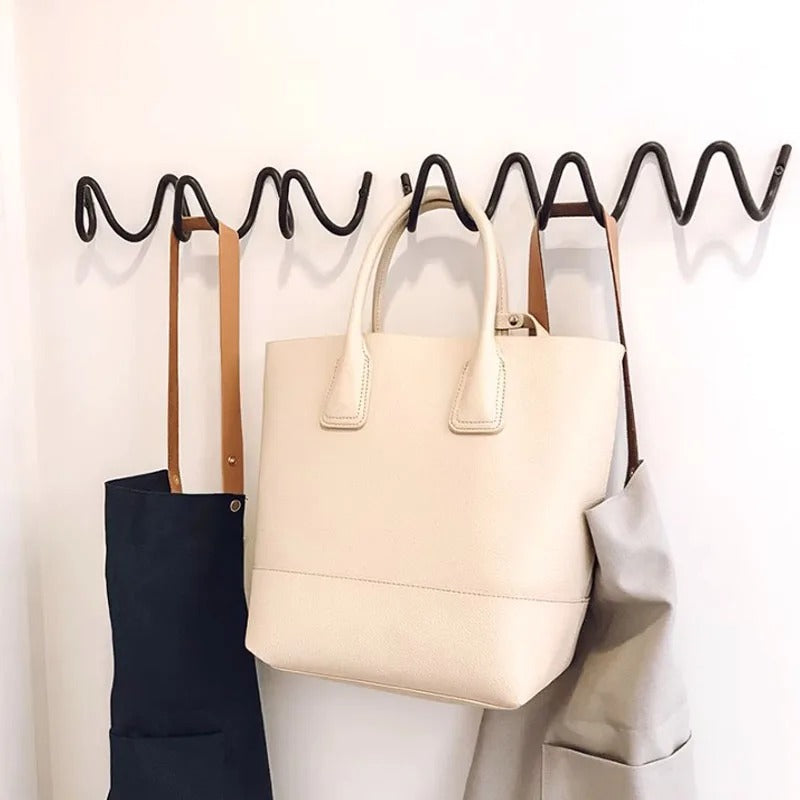 Elegant Wall Mounted Coat Rack - Wavy Design Black Iron Hooks