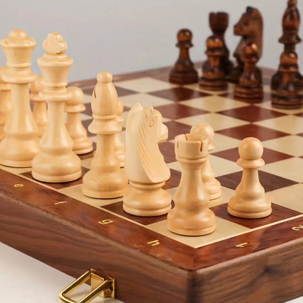 Elegant Wooden Chess Set - Handcrafted Walnut Board & Weighted Pieces