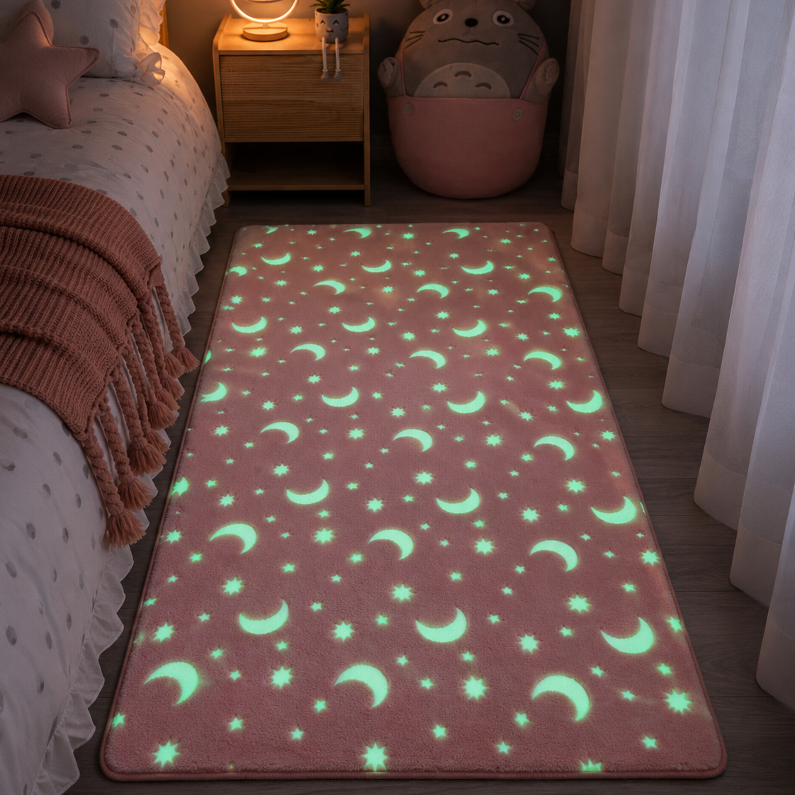 Enchanting Glow-in-the-Dark Kids Rug with Moon & Star Design