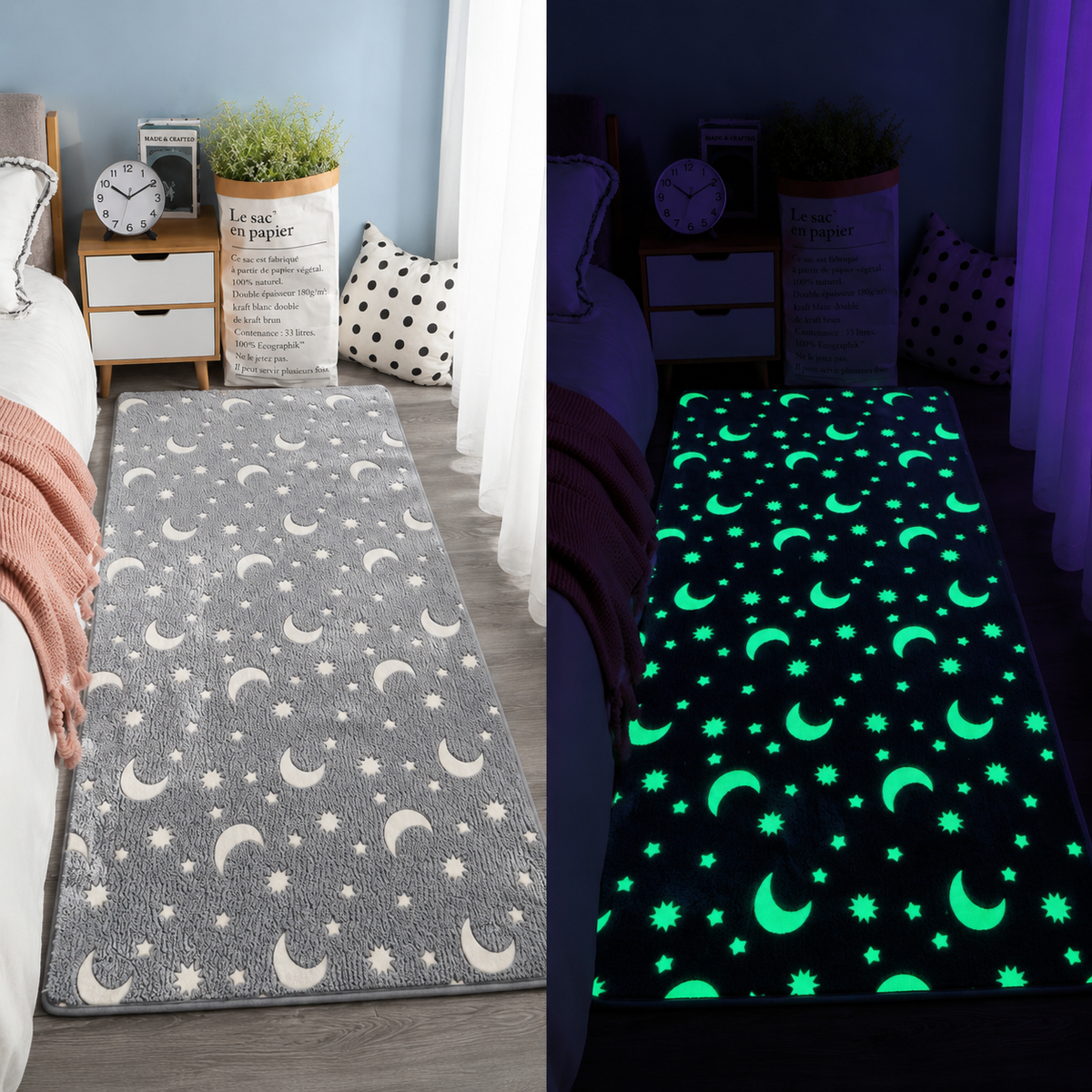 Enchanting Glow-in-the-Dark Kids Rug with Moon & Star Design