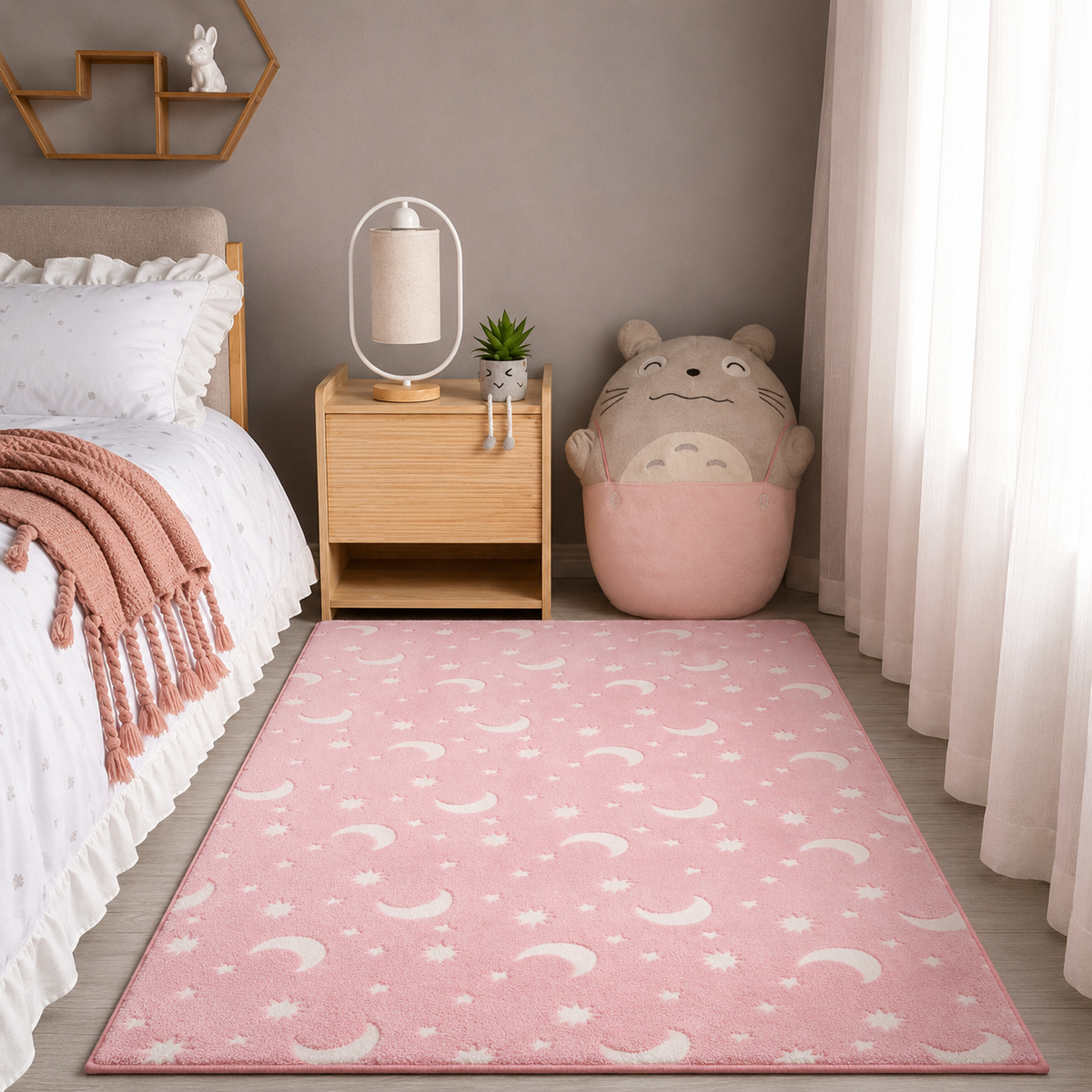 Enchanting Glow-in-the-Dark Kids Rug with Moon & Star Design
