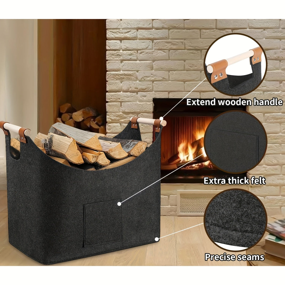 FELDURA - Foldable Log Basket for Fireplace with Wooden Handles