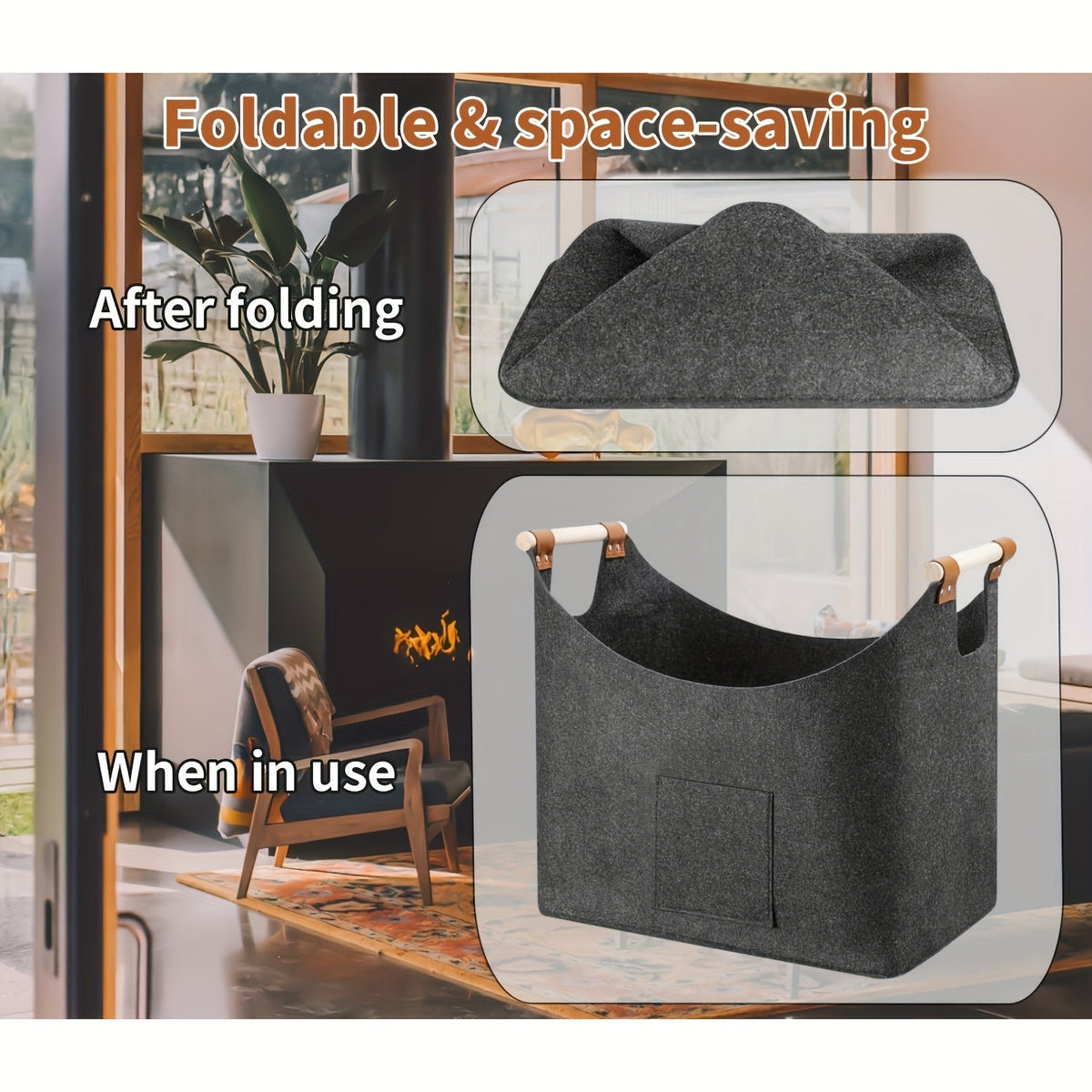 FELDURA - Foldable Log Basket for Fireplace with Wooden Handles