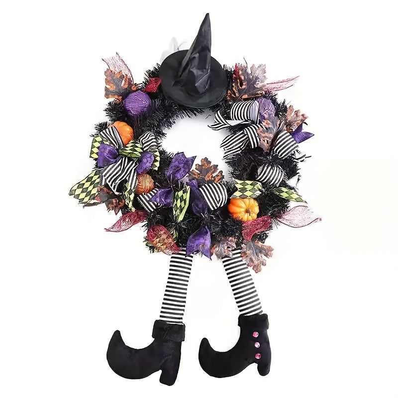 Festive Halloween Door Wreath with Witch Legs & Striped Stockings
