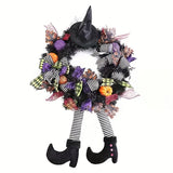 Festive Halloween Door Wreath with Witch Legs & Striped Stockings