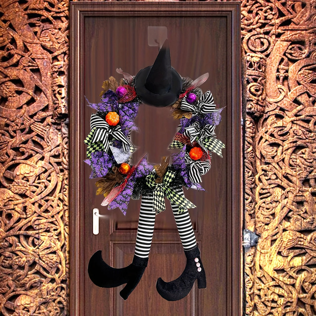 Festive Halloween Door Wreath with Witch Legs & Striped Stockings