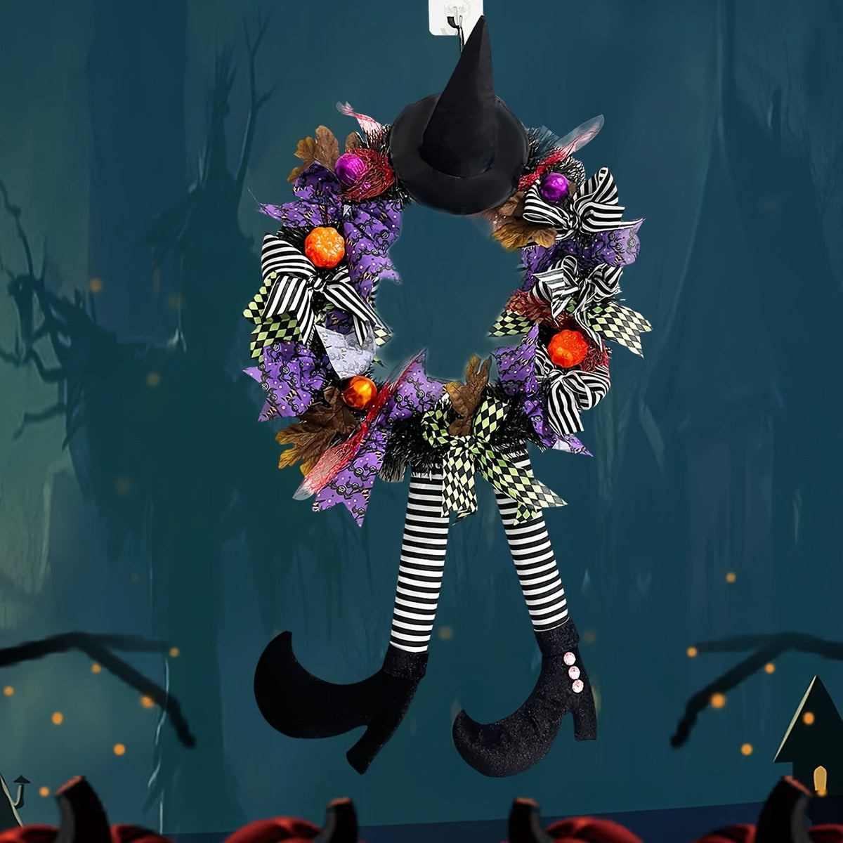 Festive Halloween Door Wreath with Witch Legs & Striped Stockings