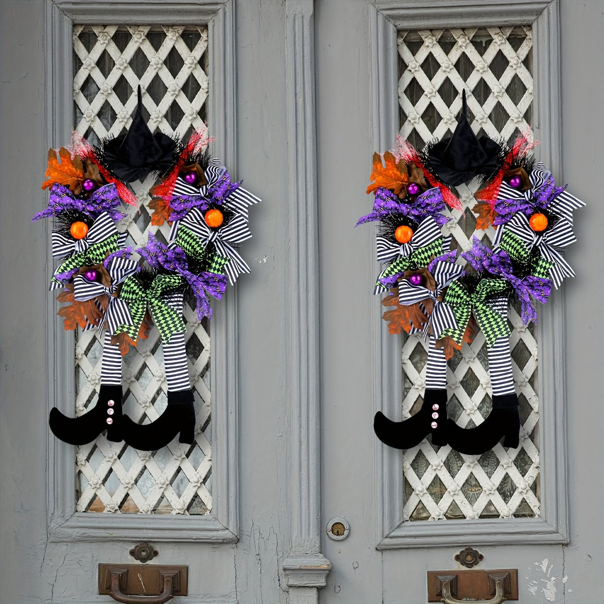 Festive Halloween Door Wreath with Witch Legs & Striped Stockings