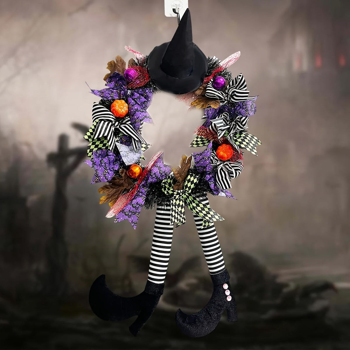 Festive Halloween Door Wreath with Witch Legs & Striped Stockings