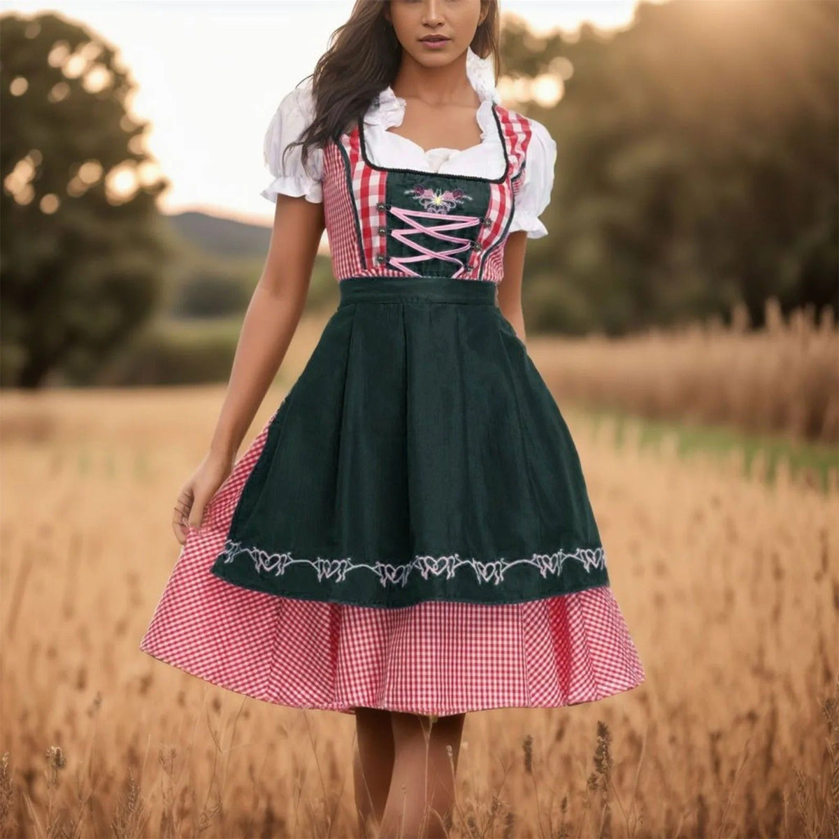 Fien - Checkered Oktoberfest Dirndl Dress for Women, Comfortable Cotton Blend