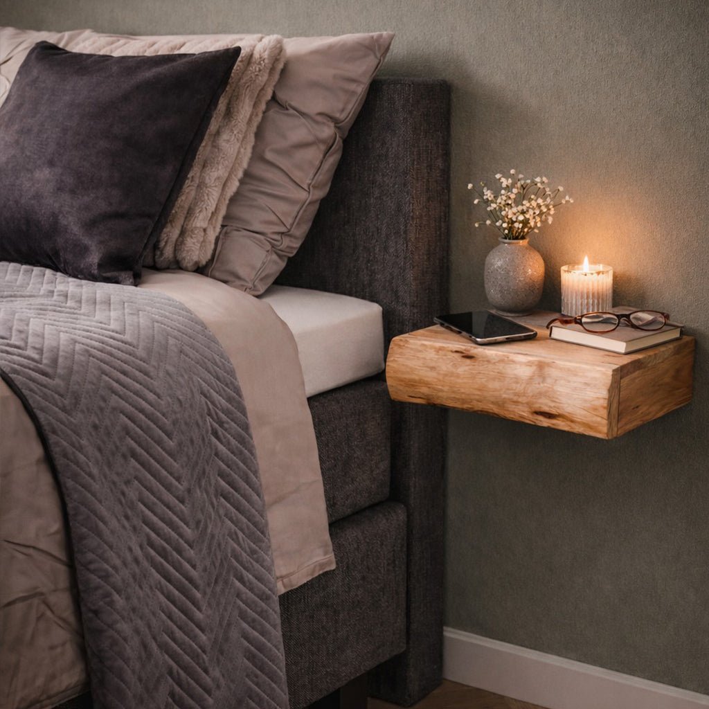 Floating Bedside Tables Set of 2 - Compact Acacia Wood Nightstands