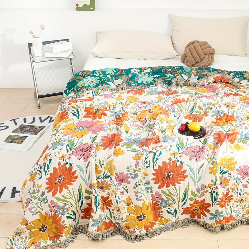 Floral Cotton Blanket - Soft All-Season Throw for Sofas