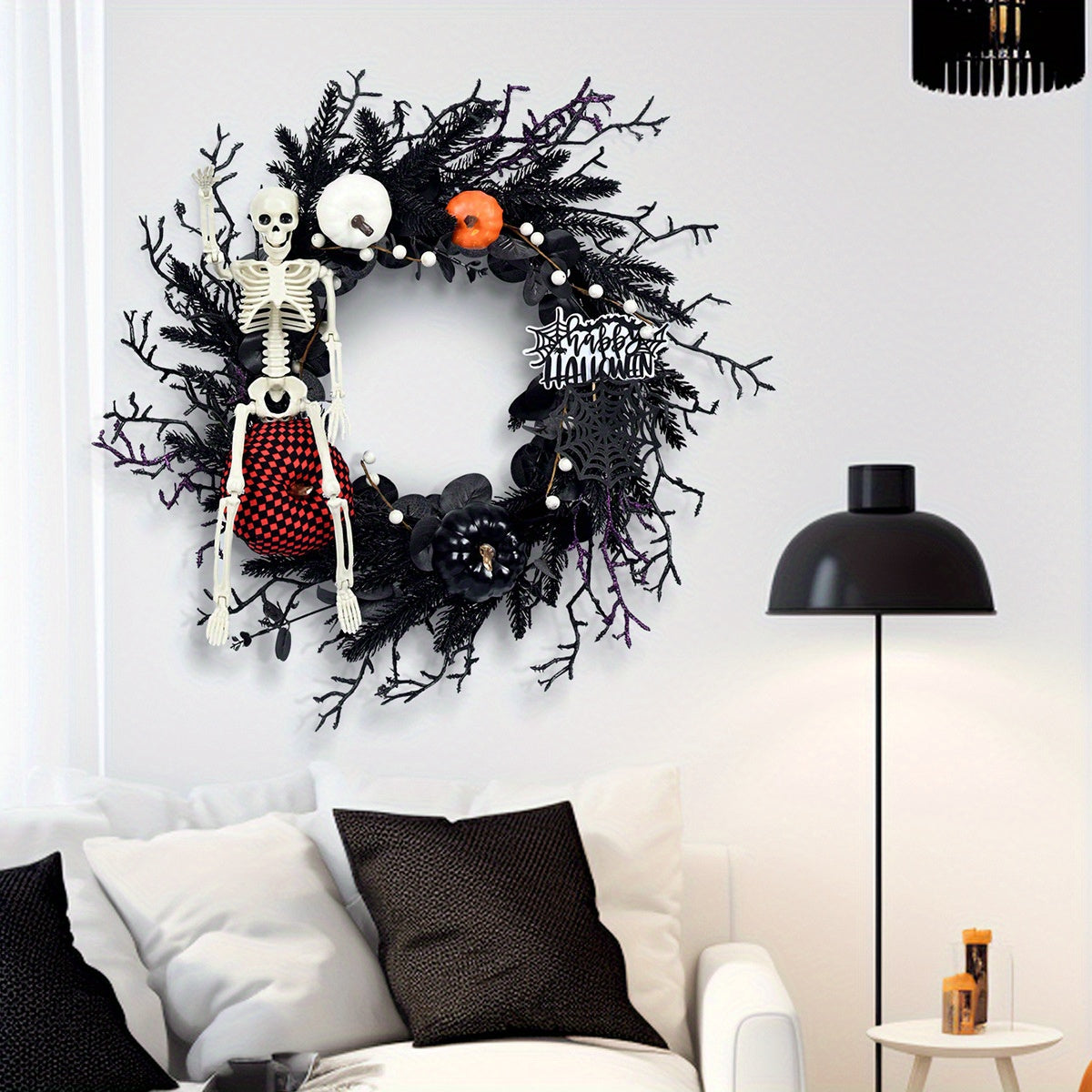 Gothic Halloween Wreath - Spooky Skeleton Pumpkin Decor