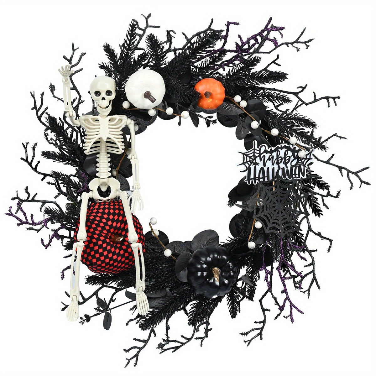 Gothic Halloween Wreath - Spooky Skeleton Pumpkin Decor